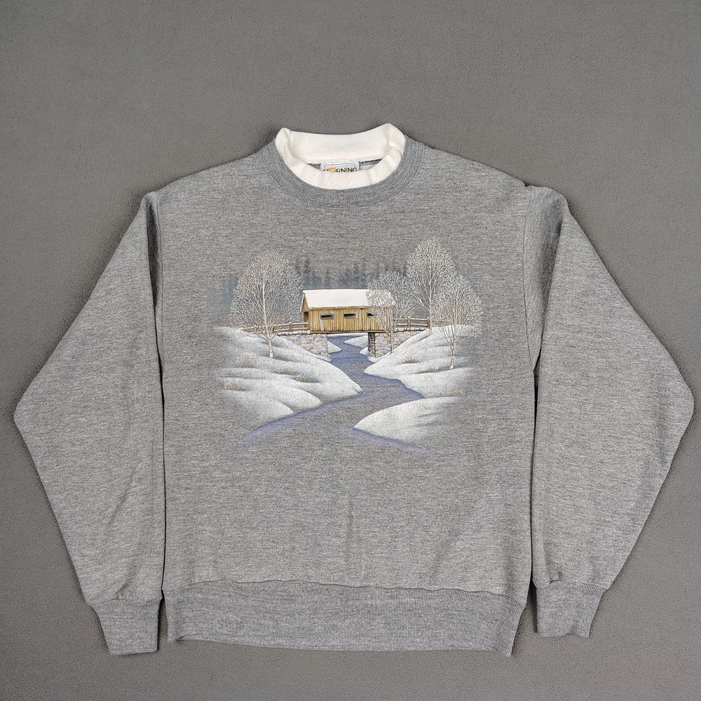 Vintage Holiday Winter Sweater Women Small Gray Covered Bridge Relaxed Fit 90s